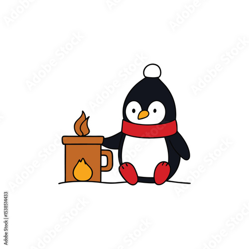 Penguin Enjoying Cocoa by Cozy Fireplace Scene