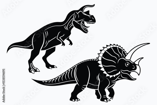 Two formidable dinosaurs in black silhouettes strike aggressive poses against a clean, white backdrop