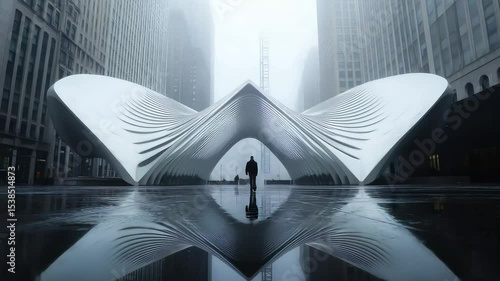 Futuristic architectural structure with symmetrical wing design