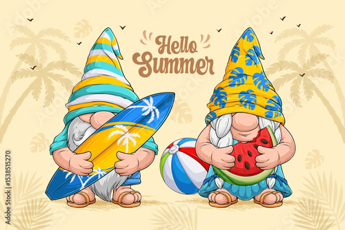 Hand drawn cute summer gnomes in pool disguise holding a surfboard, watermelon, enjoying summer with beach ball and palms on the background