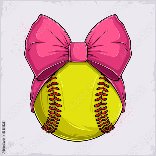 Hand drawn yellow softball ball with red stitches and pink ribbon bow on top, decorated sport equipment