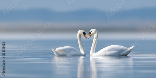 Fototapeta Naklejka Na Ścianę i Meble -  Two swans forming a heart shape with necks on tranquil lake — romantic nature moment symbolizing love, grace, and emotional connection