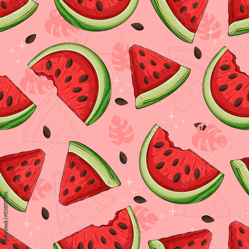 Hand drawn seamless pattern of half cut watermelon slices with black seeds and plants, summer fruit watermelon in triangle slices pattern