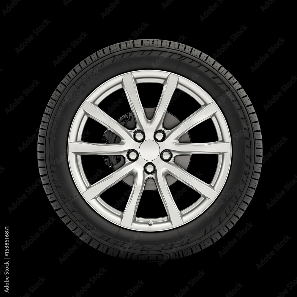 Fototapeta premium Silver Alloy Wheel with Tire on Black Background for Automotive Themes