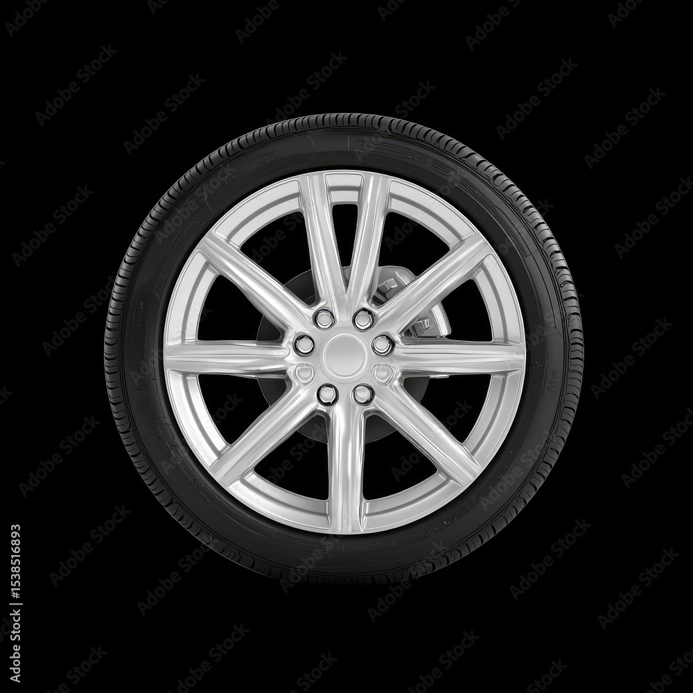 Obraz premium Silver Alloy Wheel with Tire on Black Background for Automotive Use