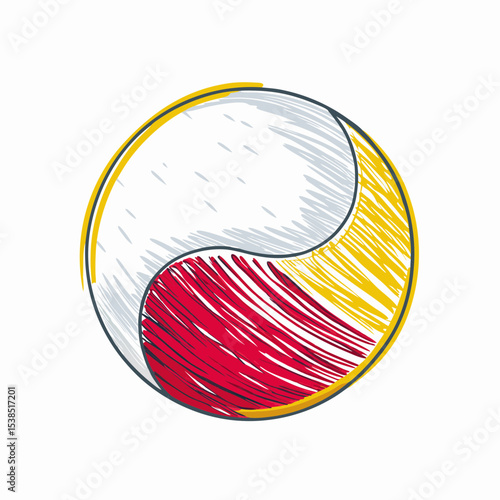 Colorful volleyball with abstract design in red, yellow, and white  