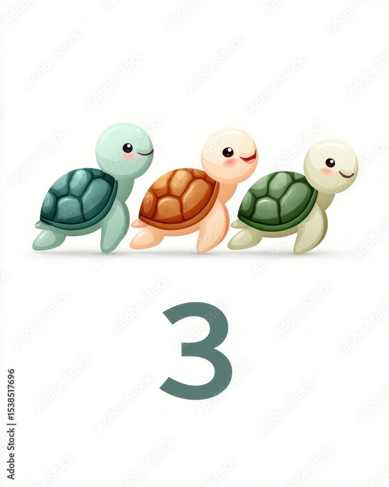 Naklejka premium Three cute cartoon turtles in different colors standing above the number 3.