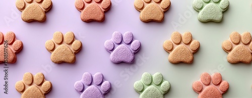 Colorful paw-shaped cookies arranged on a pastel gradient background, featuring shades of orange, purple, green, and pink.