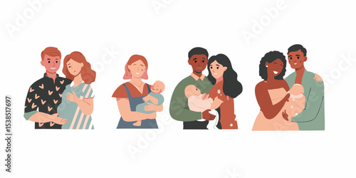 Diverse Families Expecting and Holding Newborns Featuring Expectant Couples and New Parents with Babies in Flat Style