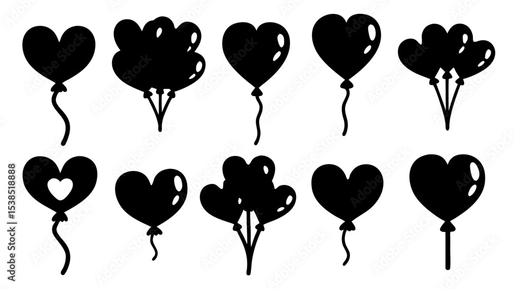Fototapeta premium Heart shaped balloons silhouette vector on tranparent background