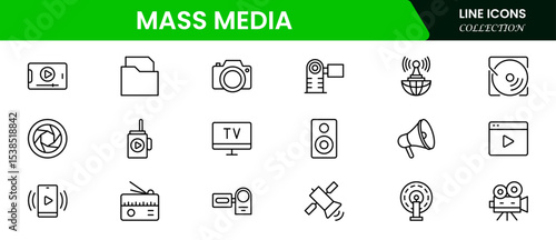 Dynamic vector web line icons depicting mass media, journalism, broadcasting, news, television, and digital communication for global information sharing.