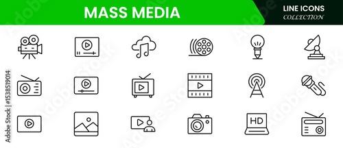 Dynamic vector web line icons depicting mass media, journalism, broadcasting, news, television, and digital communication for global information sharing.