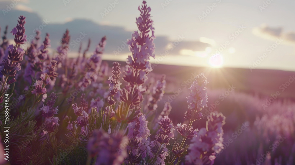 Fototapeta premium Lavender flowers bloom in serene field, showcasing vibrant purple hues under soft sunset glow, creating tranquil atmosphere