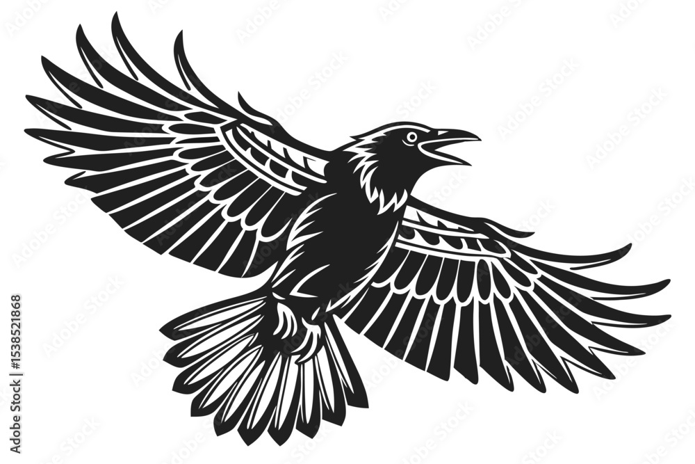 Obraz premium Black raven soars with stylized wings wide open, mouth agape, against white backdrop