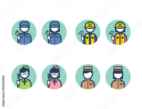 丸いシンプルなカラフルカラー職業イラストアイコンセット（整備士・大工・画家・ホテルスタッフ）