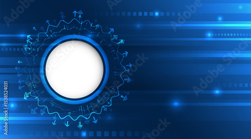 Futuristic technology background with circular frame, glowing lines, arrows, and digital elements. Ideal for presentations, banners, innovation, and high-tech business themes.