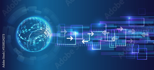 Futuristic digital background with glowing sphere, pixel lines and directional arrows. Concept of data exchange, network technologies and information flow. Ideal for presentations and IT design.