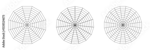 Kiviat blank spider radar chart with twelve, fifteen and twenty segments. Sample of fifteen-angle, twelve-angle and twenty-angle chart. Analysis template. Vector illustration
