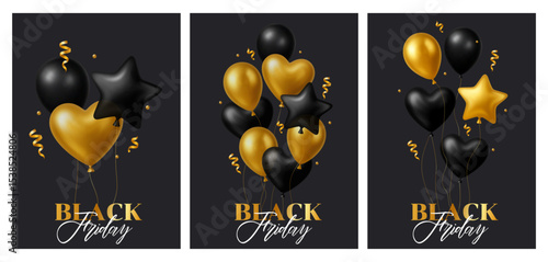 3d Balloon Black Friday Party Card Set Gift Gold Black Ball Balloons Vector Invitation Card Realistic Celebration