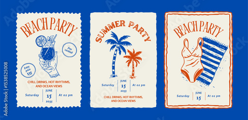 Summer Postcard Vintage Beach Whimsical Doodle Poster Set Sketch Travel Vector Vacation