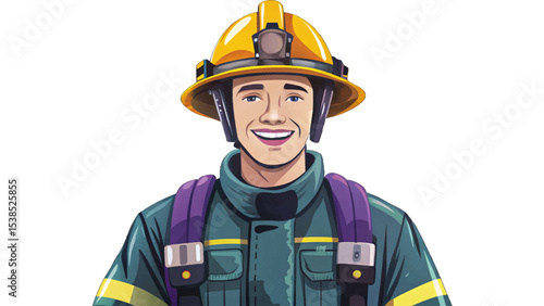 firefighter with confident smile standing on white isolated background, symbolizing bravery, duty, protection, and emergency response service in urban and rescue environments