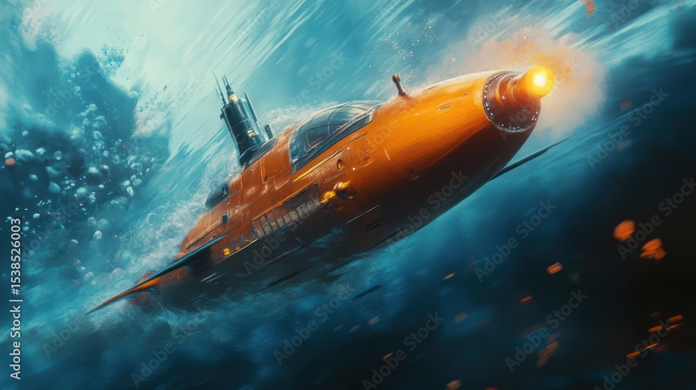 Fototapeta premium An artistic submarine depicted in deep ocean waters with creative elements