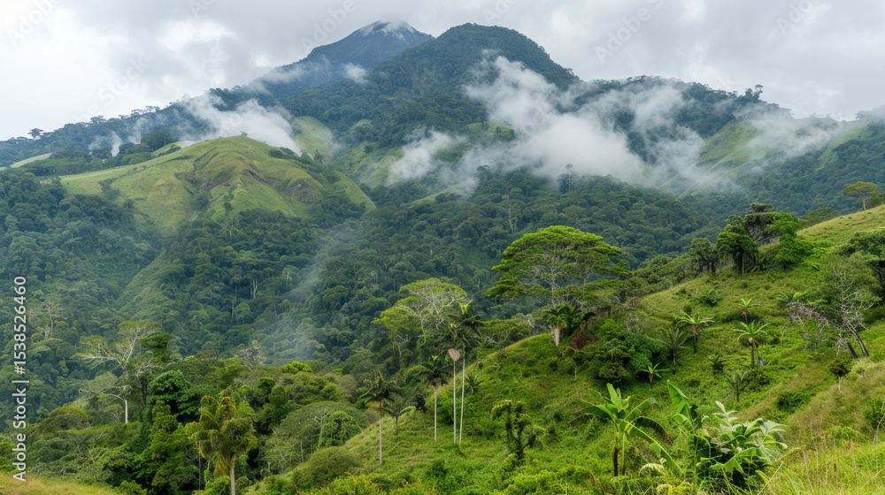 Fototapeta premium Misty mountain landscape with lush green forested slopes and clouds hovering above, creating serene and tranquil atmosphere