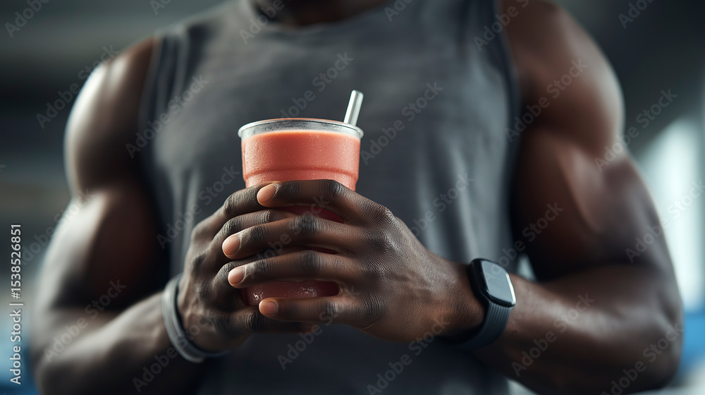 Athletic man in gray sleeveless hoodie is enjoying a refreshing orange smoothie while sitting on a kitchen counter, surrounded by fresh fruits and modern kitchen decor Athletic man in gray sleeveless hoodie is enjoying a refreshing orange smoothie while sitting on a kitchen counter, surrounded by fresh fruits and modern kitchen decor