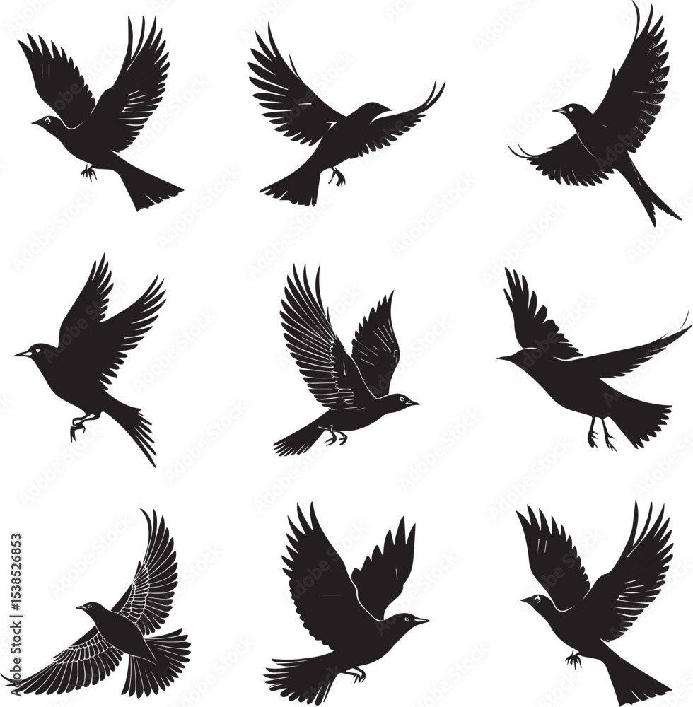 Fototapeta premium Set of vector birds and wings silhouettes, including flying eagles, doves, and hawk illustrations, perfect for animal, nature, or tattoo designs symbolising freedom and flight