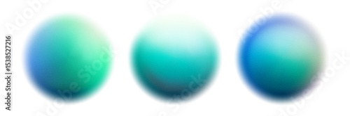 Teal blue or turquoise gradation sphere with noise texture. Blurred neon rose ball with soft color transitions. Girly bubbles. Iridescent blobs. Abstract vector elements.