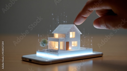 Plakat A hand interacts with a virtual house model displayed on a smartphone screen.
