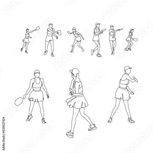 Female pickleball players in various action poses set continuous line drawing, vector art, perfect for tattoo design, t-shirt print, logo, or sports branding, dynamic and stylish silhouette.