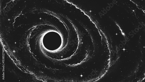 Deep space wormhole vortex surrounded by cosmic dust and stars. Black hole portal bending time and space. Galactic swirl in stippling style. Dotwork. Pointillism. Dots shading. Vector illustration