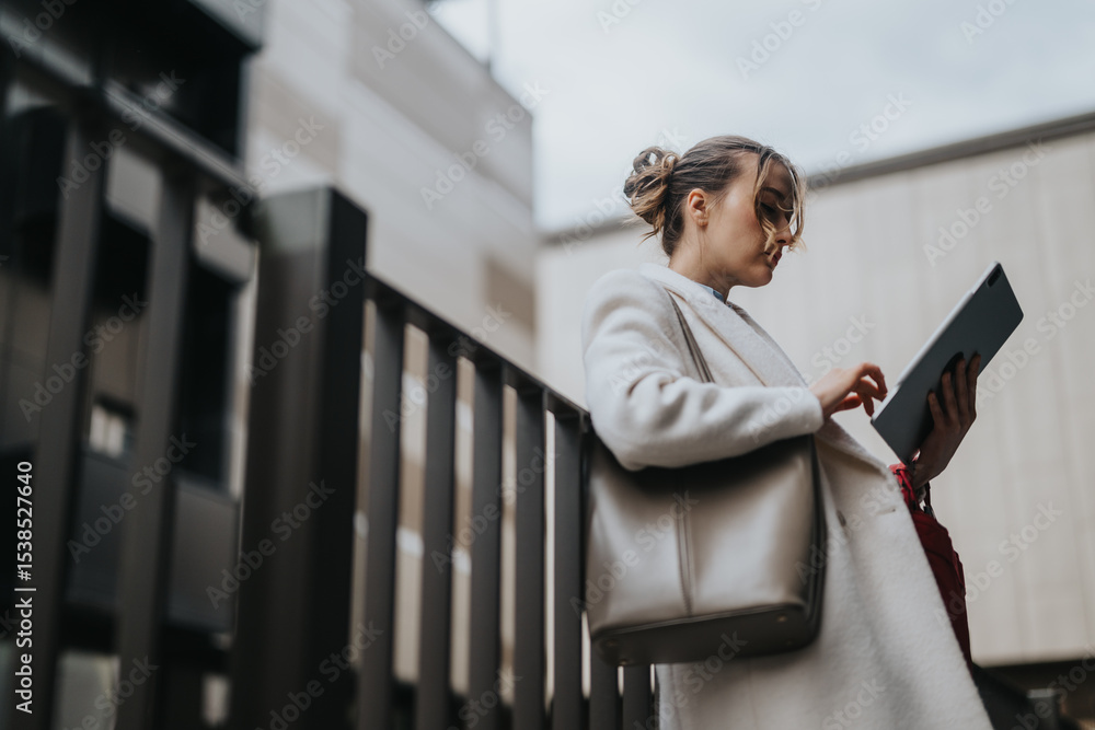 Naklejka premium A stylish businesswoman interacts with a tablet outdoors, exemplifying professionalism and modern business in an urban environment.