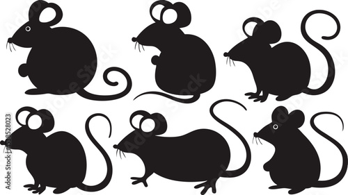 Six cartoonish mouse silhouettes in varying poses and shapes create a playful pattern on white