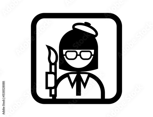 絵筆を持った画家のシンプルな四角いモノクロイラストアイコン