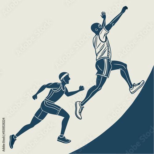 Two athletes running one on flat ground and the other jumping up a steep incline in a stylized image