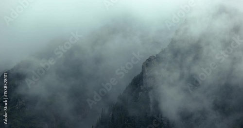 Foggy forest mountain landscape, clouds moving