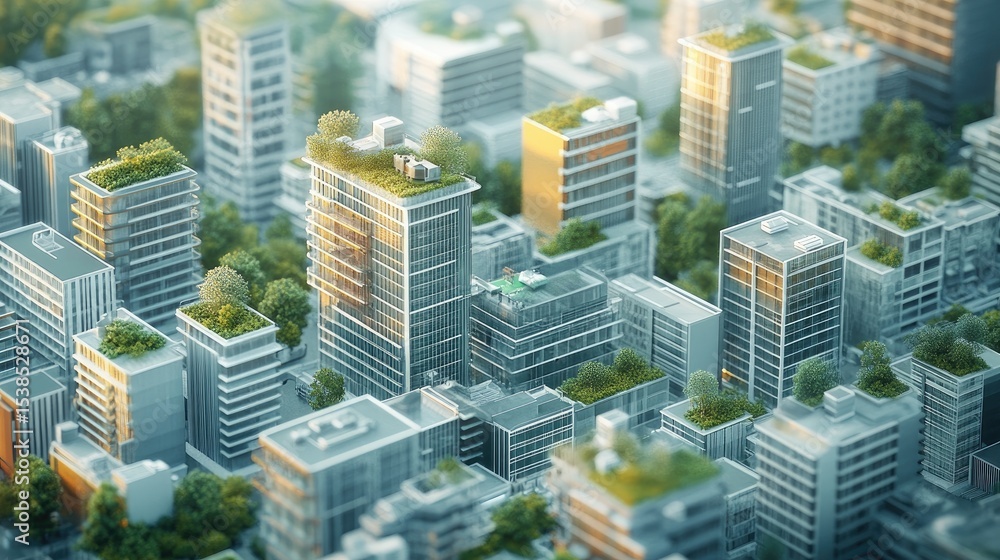 Fototapeta premium Modern Cityscape with Green Roofs and Lush Vegetation in an Urban Environment Captured from Above