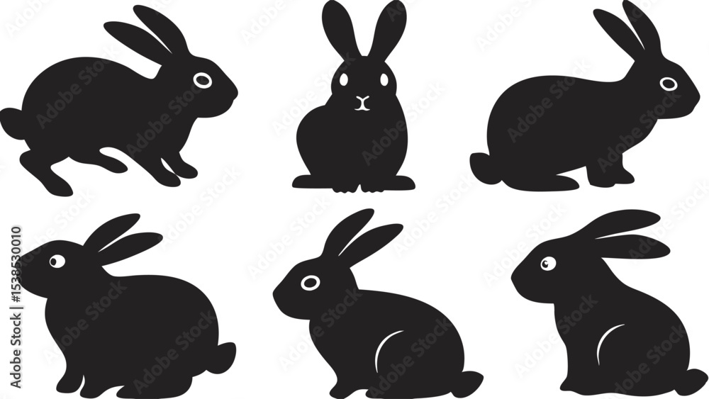 Fototapeta premium Six solid black rabbit silhouettes in various poses adorn a clean white background