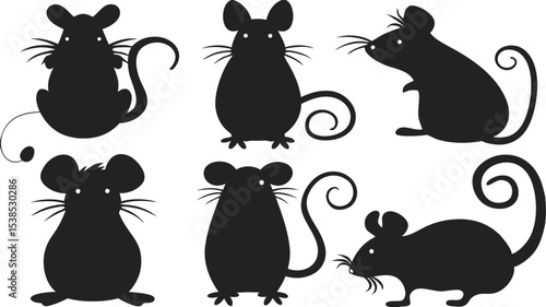 Six black mouse silhouettes showcase diverse poses with curved tails and whiskers