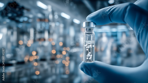 Gloved hand holding a transparent vial with bioengineered crystals in high-tech lab environment, perfect for medical science, innovation and pharmaceutical industry visuals