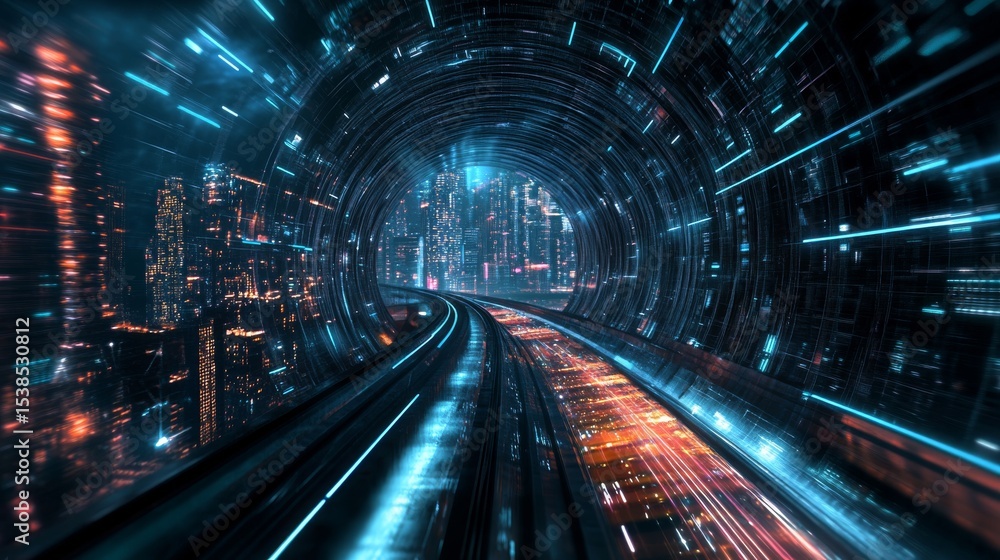 Futuristic warp speed tunnel illuminated at night with glowing neon lights, abstract technology concept captured from high viewpoint showcasing digital motion and sci-fi energy flow
Futuristic warp speed tunnel illuminated at night with glowing neon lights, abstract technology concept captured from high viewpoint showcasing digital motion and sci-fi energy flow