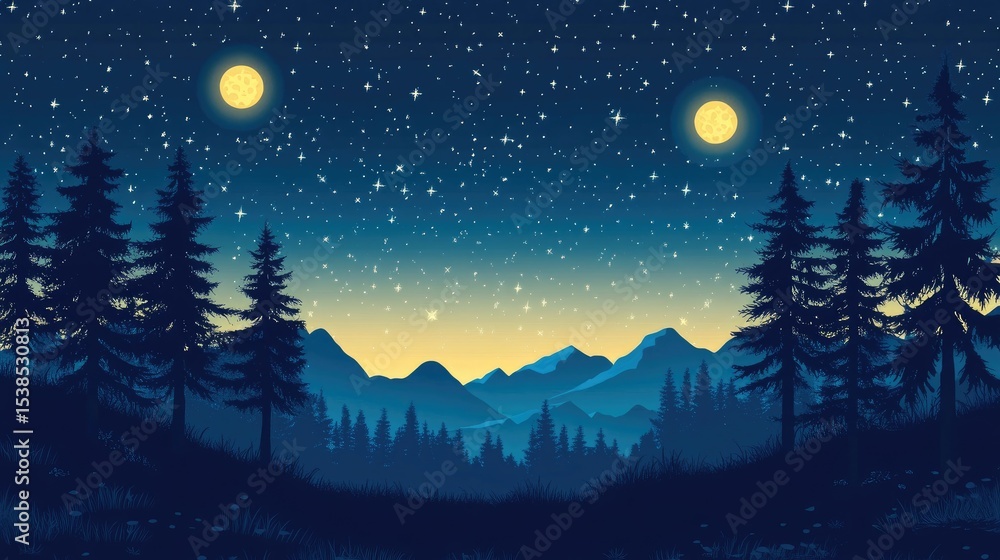Fototapeta premium Serene Night Sky with Two Moons and Silhouetted Pine Trees Against Majestic Mountains