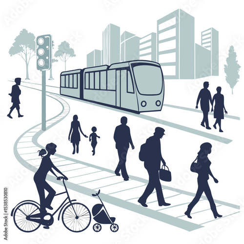 Cityscape view with tram, people walking, cyclist and stroller on a pedestrian crossing illustration