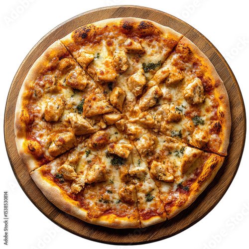 Round pizza with chicken, cheese, and herbs on a wooden board