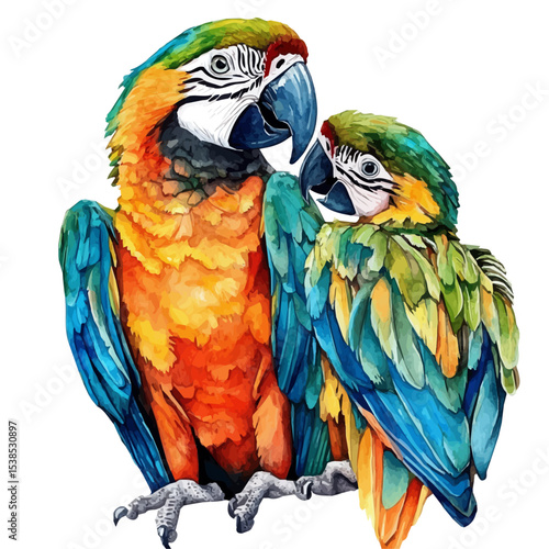 A Mother Macaw With Her Kid, watercolor painting vector, isolated on a white background.
