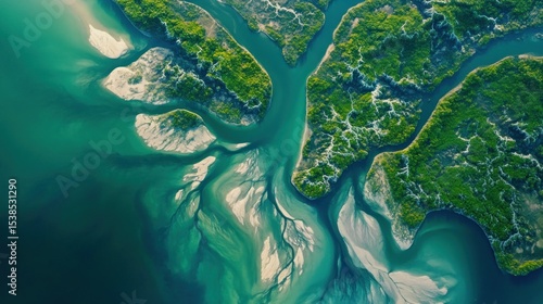 Aerial view of a complex river delta