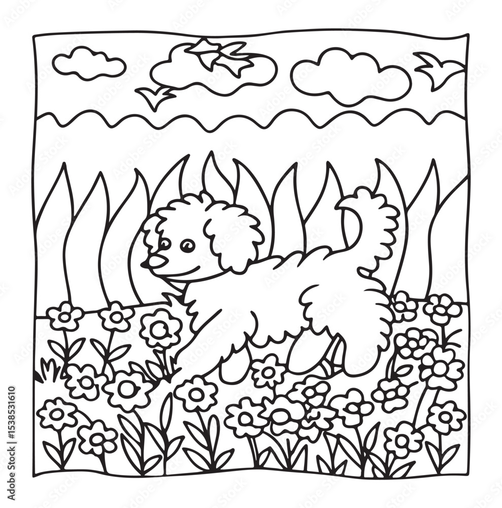 Fototapeta premium Dog Moments - Cute Puppy Life Coloring Pages | Fun Dog Activities | Dog coloring page | Line art vector illustration