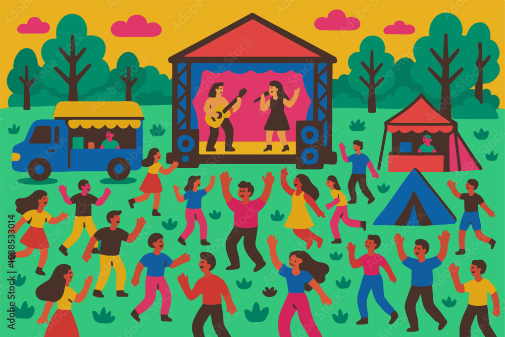 Obraz premium Open-air music festival featuring a live performance on an outdoor stage, with people dancing in nature. The event includes food trucks, flat vector illustration